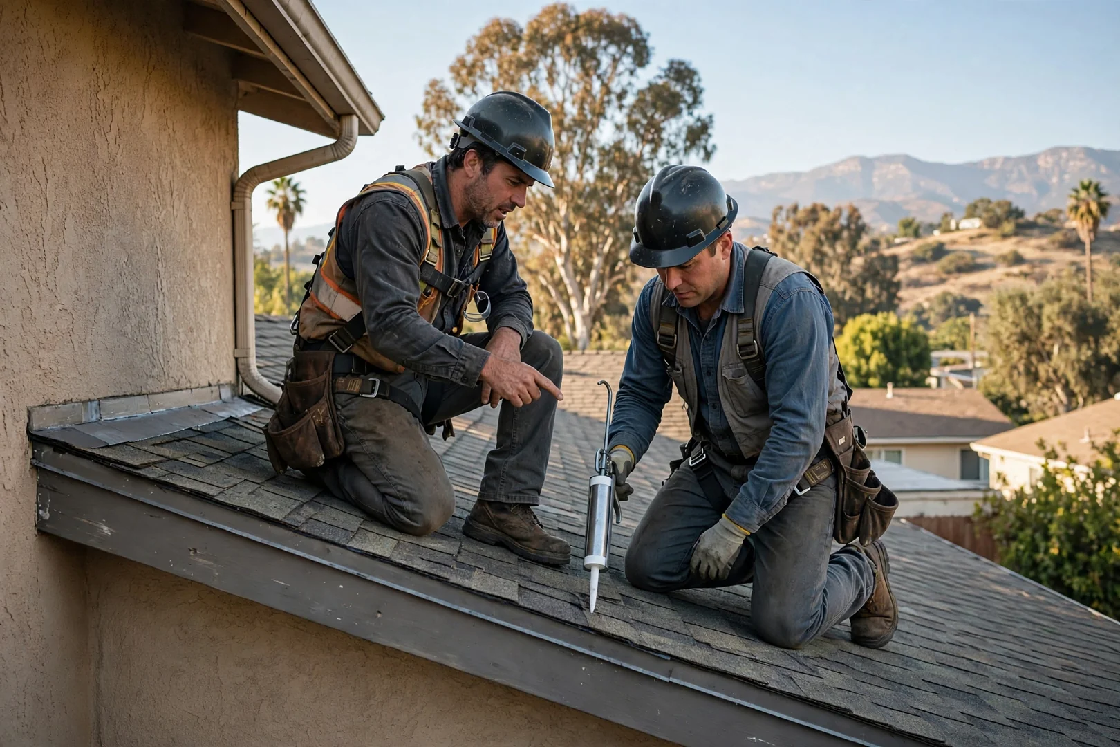 Roofing estimator measuring shingle slope and flashing during a La Verne home roof inspection