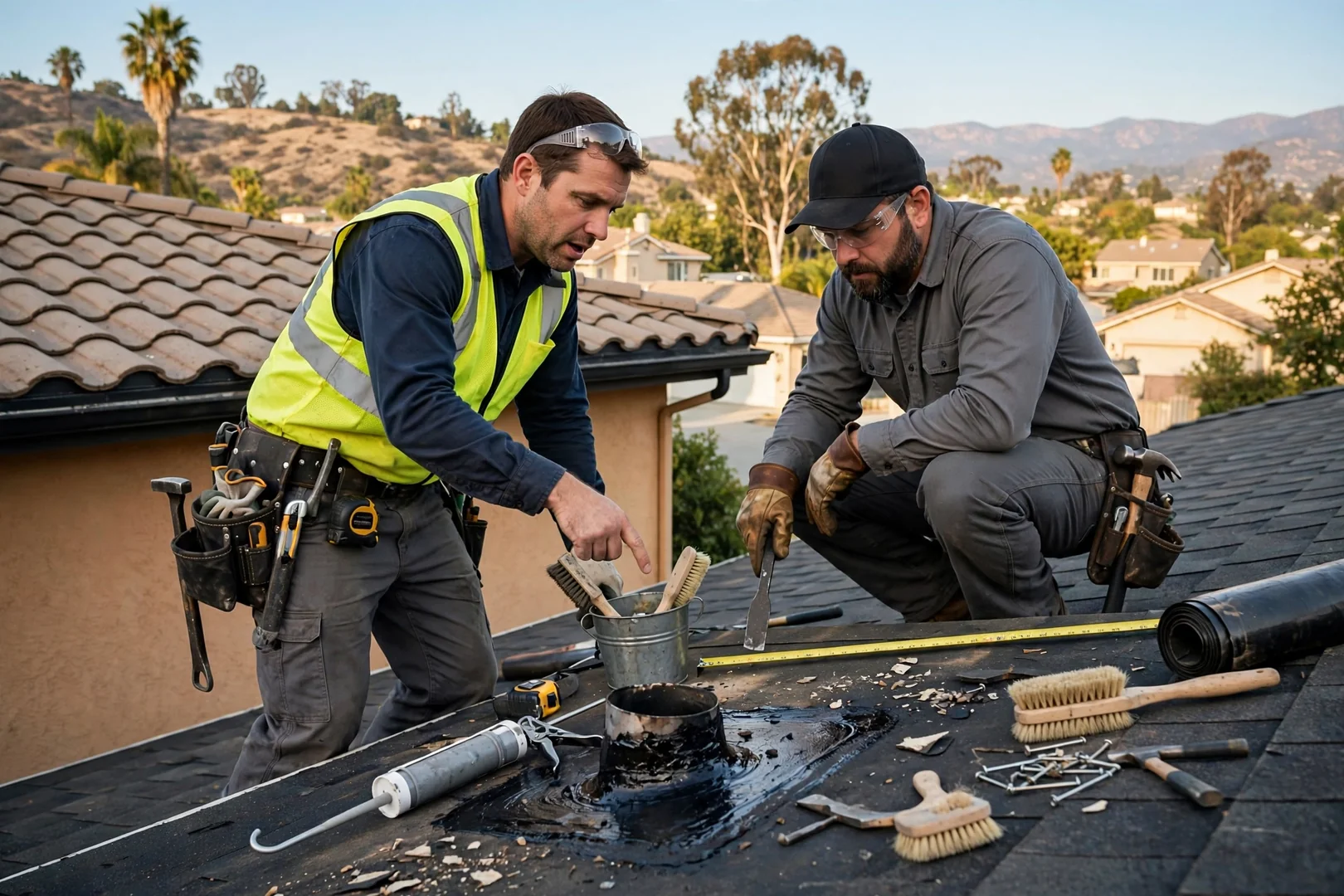 Roofing specialist reviewing inspection photos and written estimate with La Verne homeowner