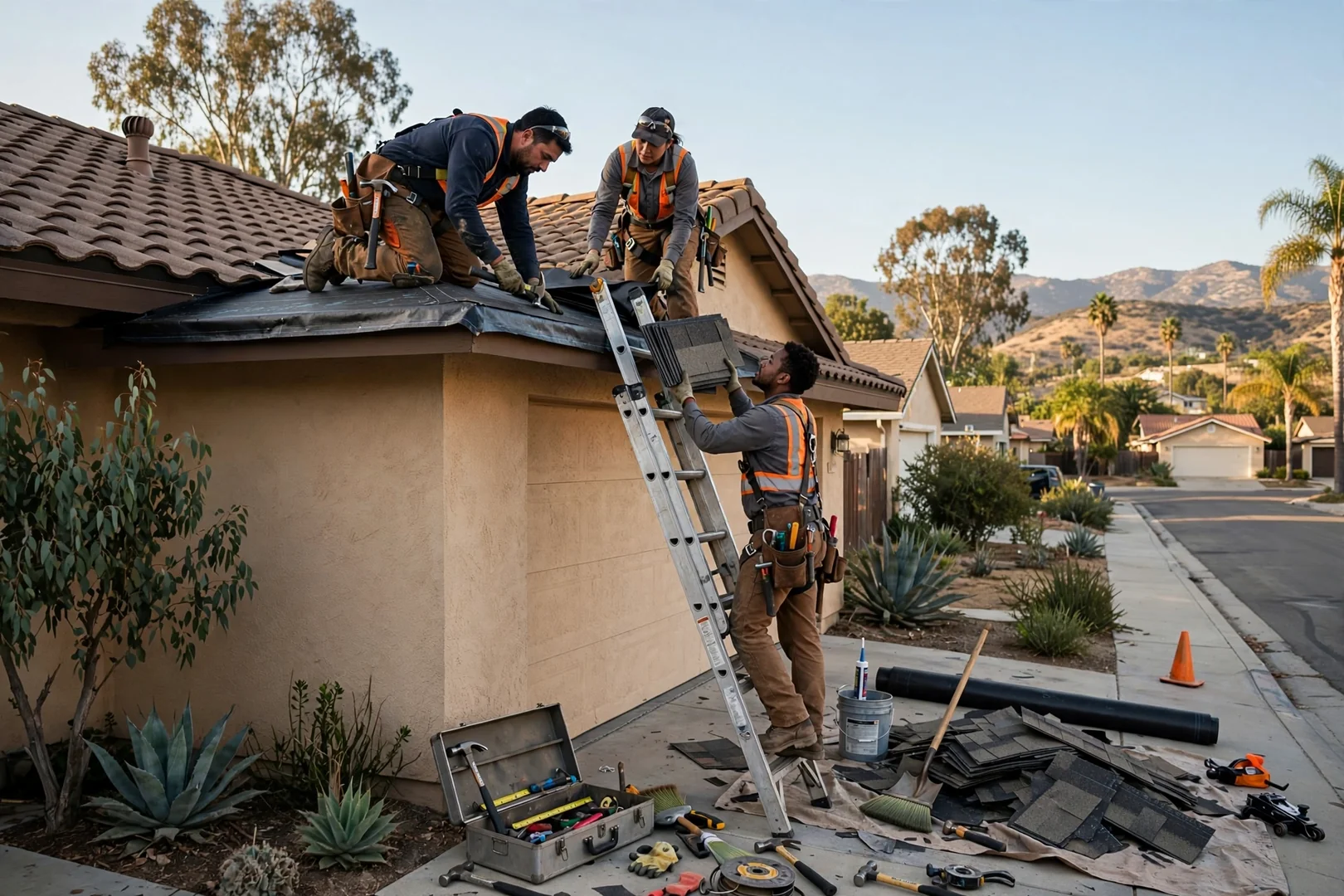 Roofer measuring gutter pitch along the eave of a La Verne residential property