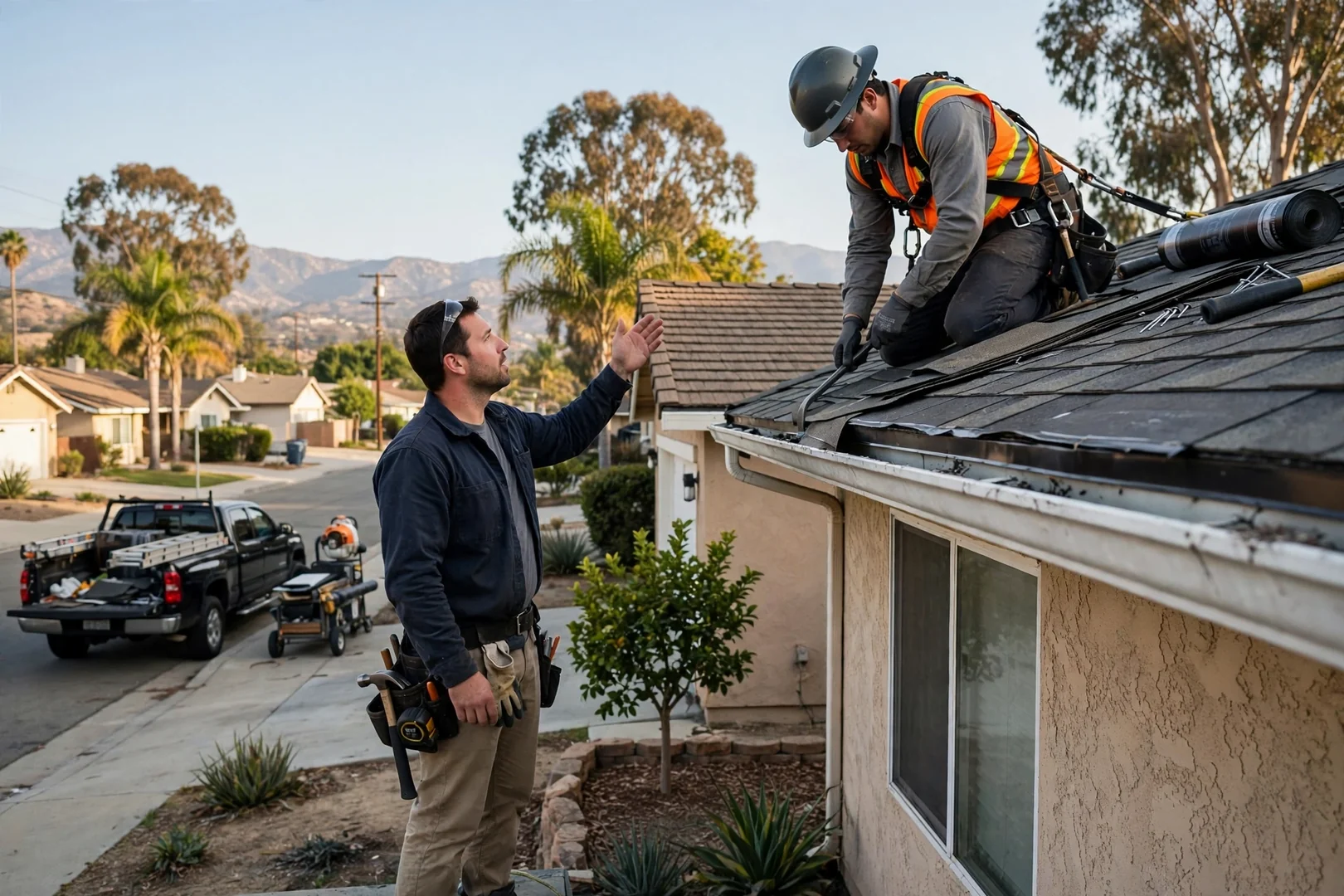Tile roof overlooking foothill homes in La Verne under clear sky