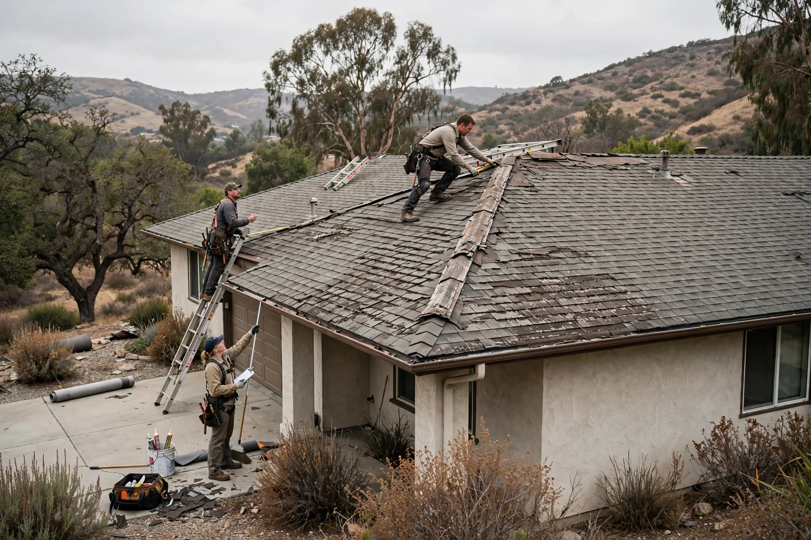 Weathered shingle roof on a suburban La Verne home showing sun damage and aging ridge caps