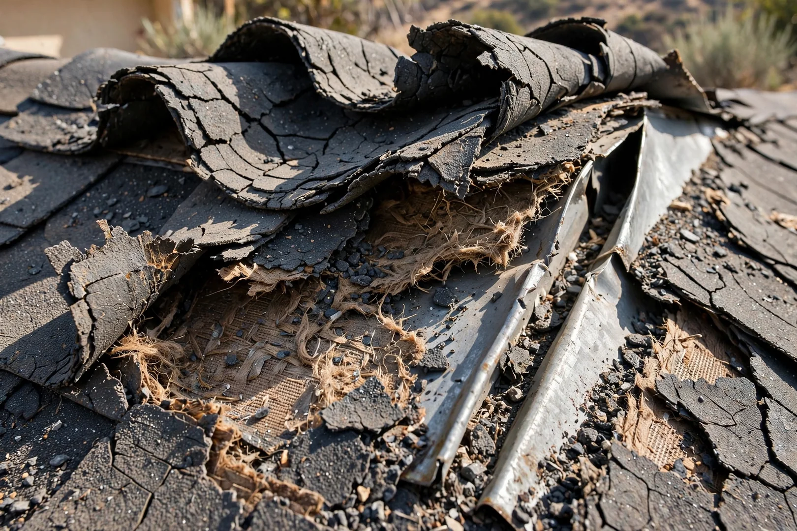 Close-up of granule loss, curled shingles and separated sidewall flashing on a damaged roof