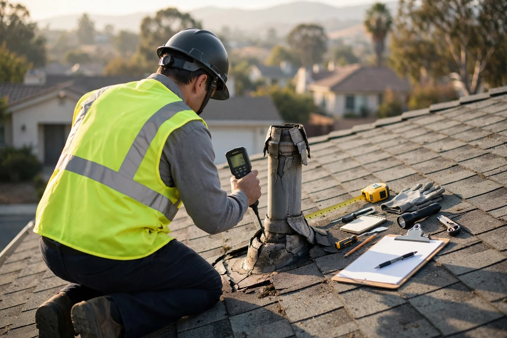 Roofing inspector using a moisture meter to test a cracked pipe boot during a roof inspection