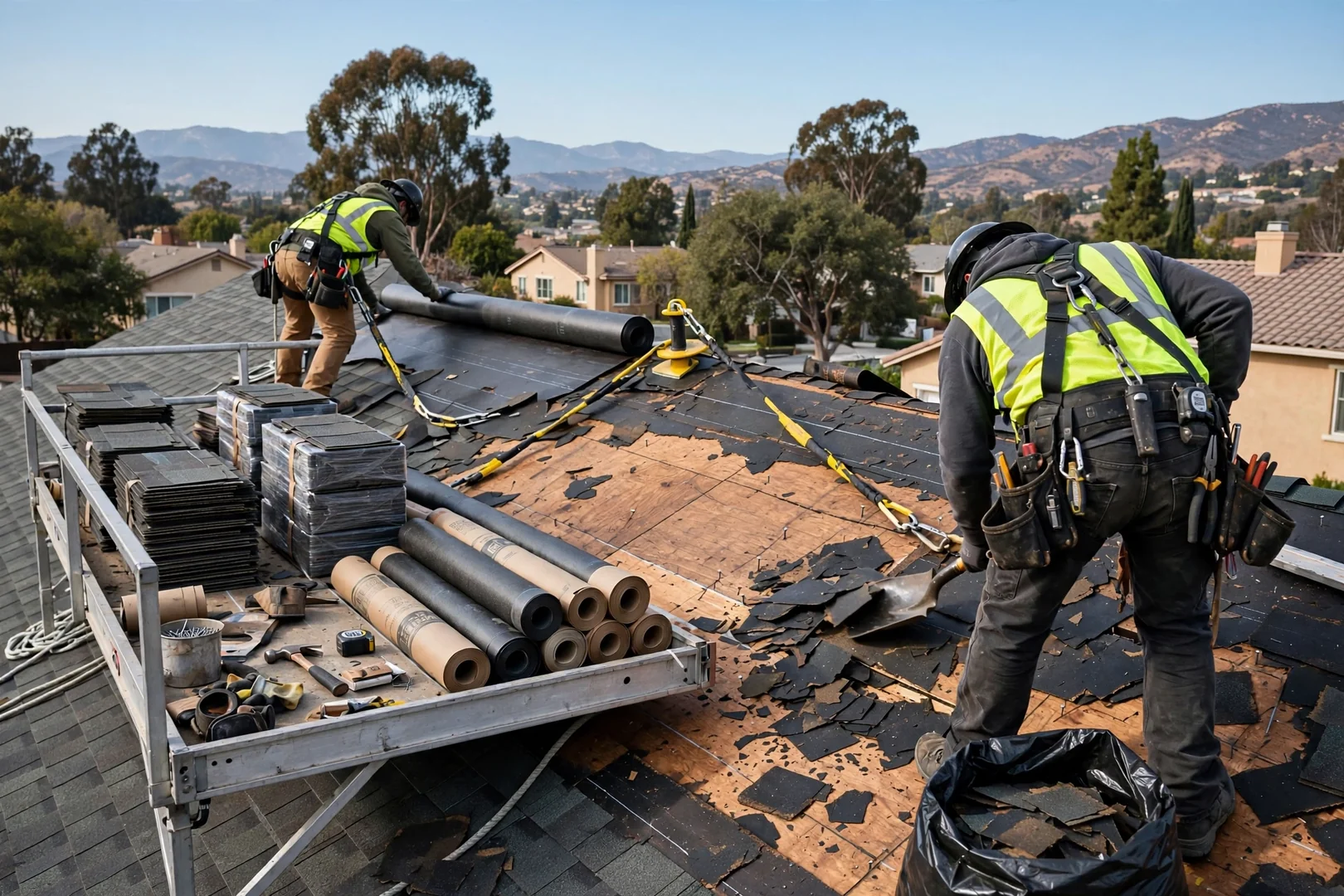 Roof tear-off area exposing decking with staged underlayment and shingles during a repair project