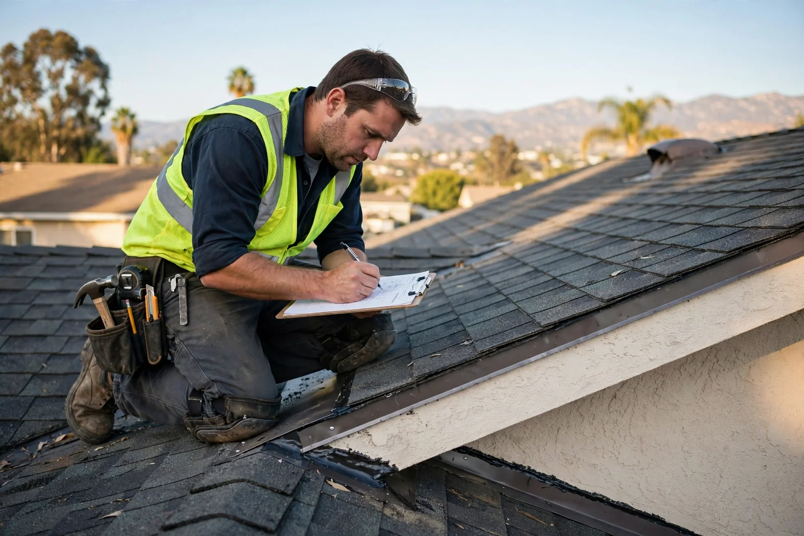 Roofer documenting shingle and flashing condition during a scheduled roof inspection
