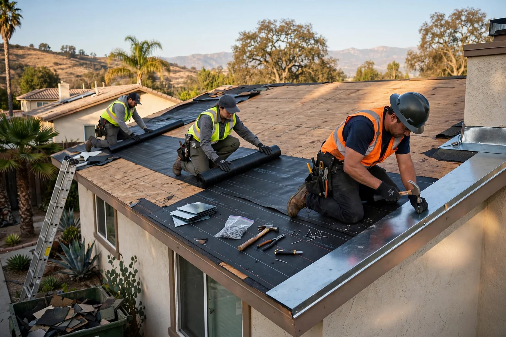 Crew installing underlayment and flashing in sequence on a residential roof replacement