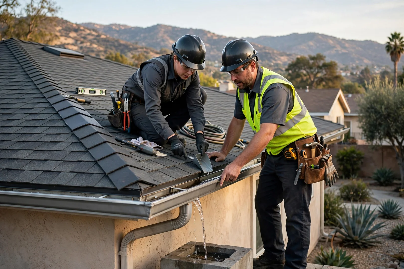 Final walkthrough checking gutter drainage and ridge details after roof completion