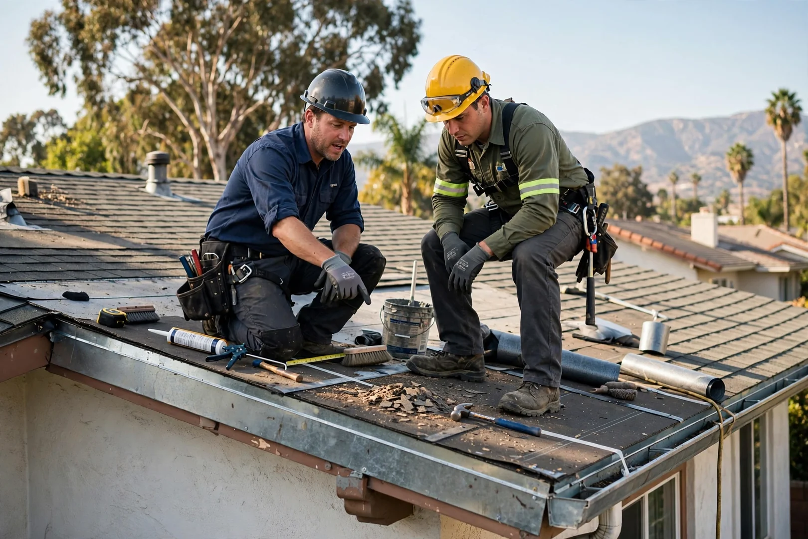 Roofing technician wearing fall-arrest harness inspecting flashing details on a La Verne home