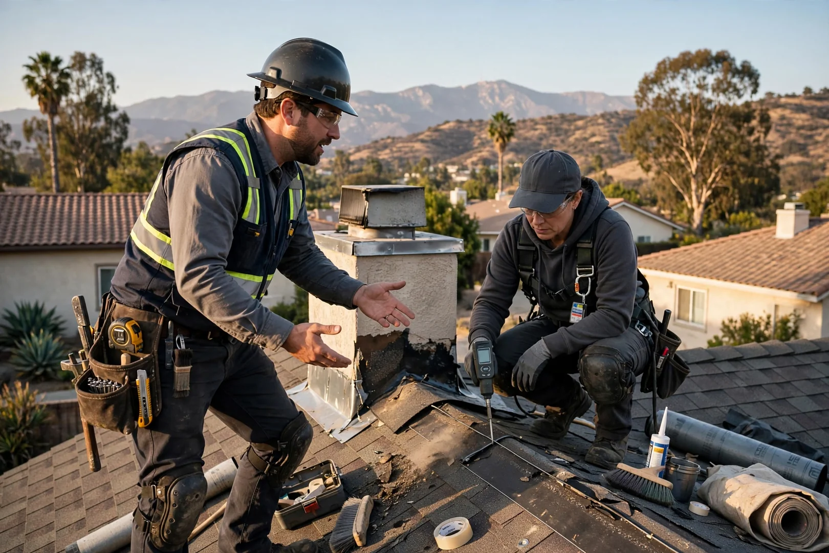 Roofing crew inspecting shingle and flashing details on a La Verne home roof