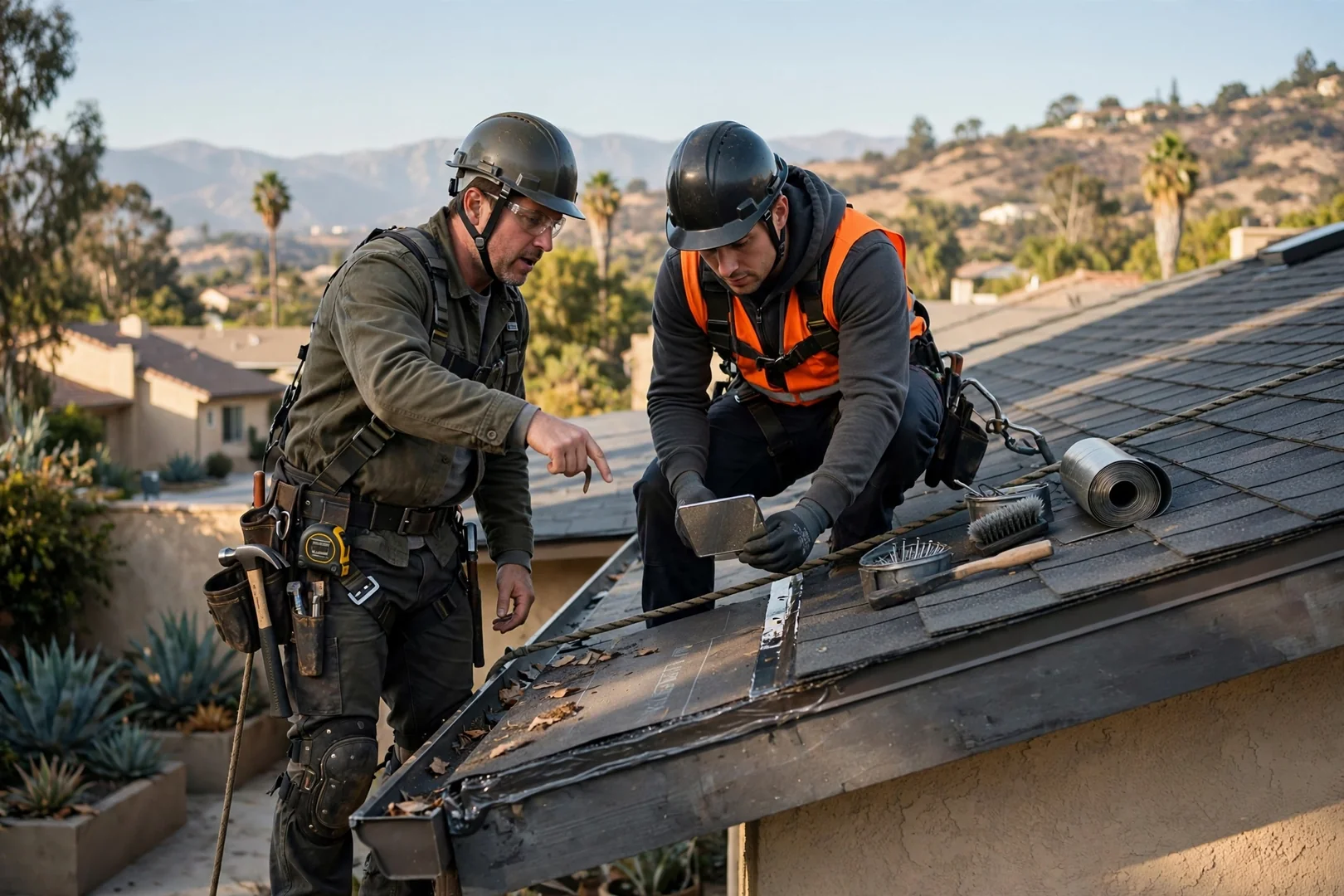 Roofer measuring storm-damaged shingle section for repair estimate