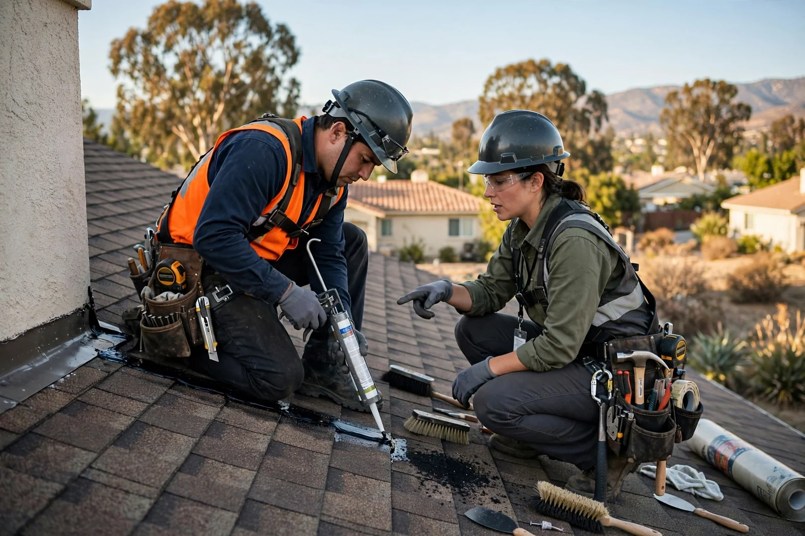 Roofer inspecting wind-lifted tile and flashing after a storm on a La Verne home