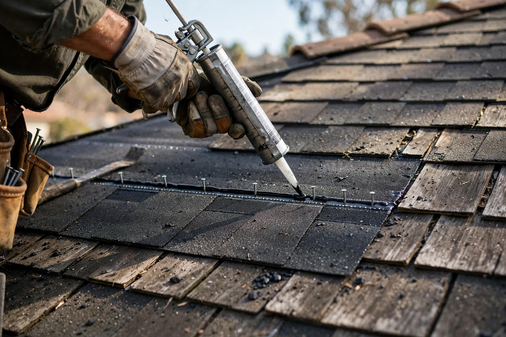 Close-up of wind-lifted asphalt shingles being replaced on a residential roof