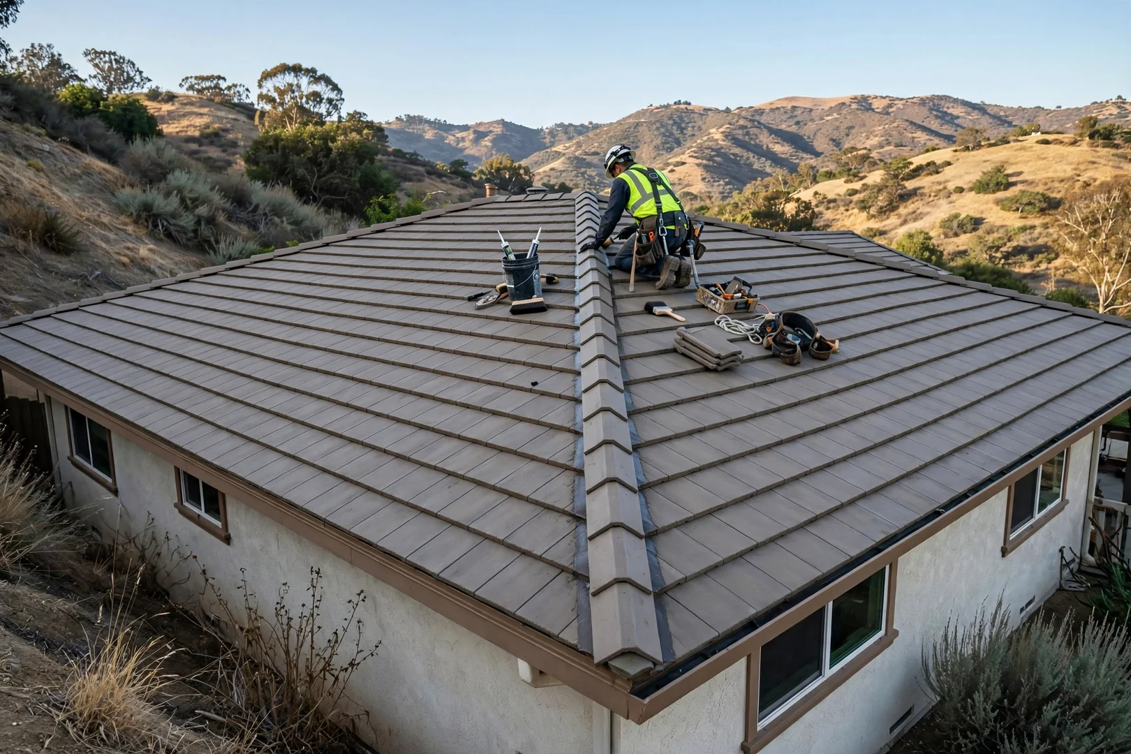 Wide view of restored concrete tile roof on a hillside La Verne home