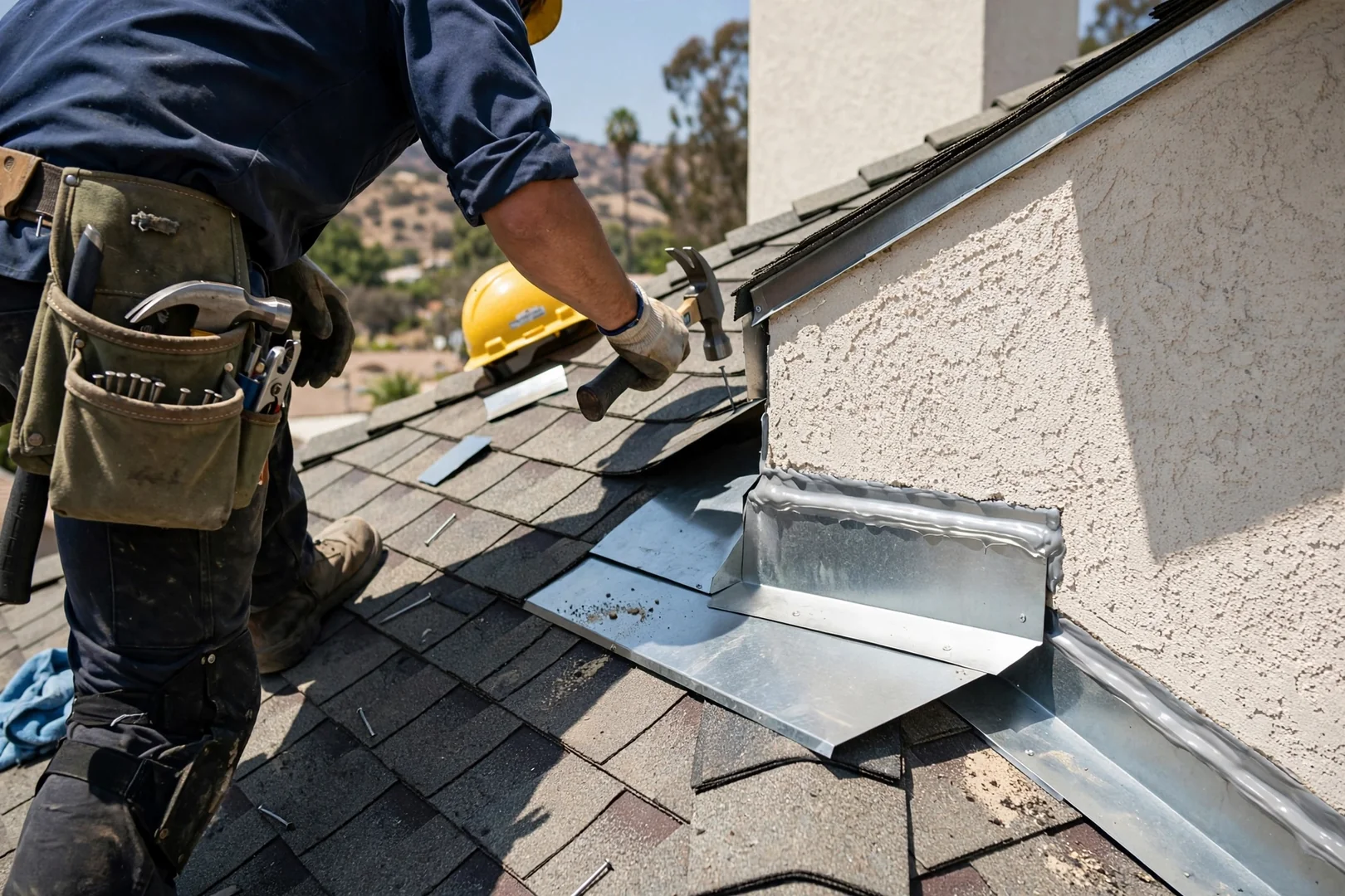 New step flashing installed where a roof slope meets a stucco wall