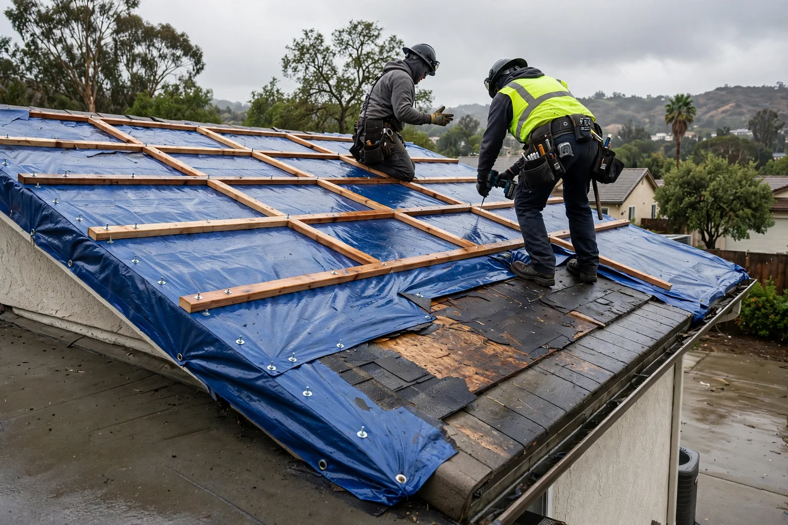 Emergency tarp secured over a damaged roof section after a storm
