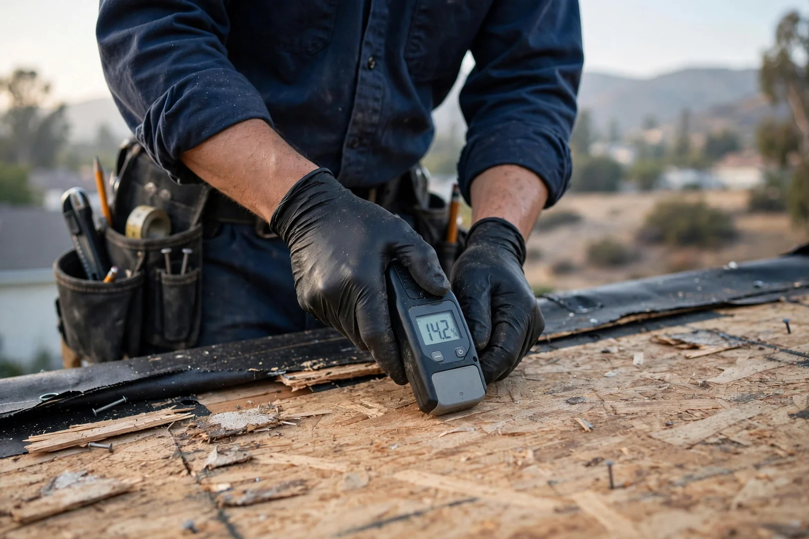 Roofer using a moisture meter to check saturated sheathing on a roof deck