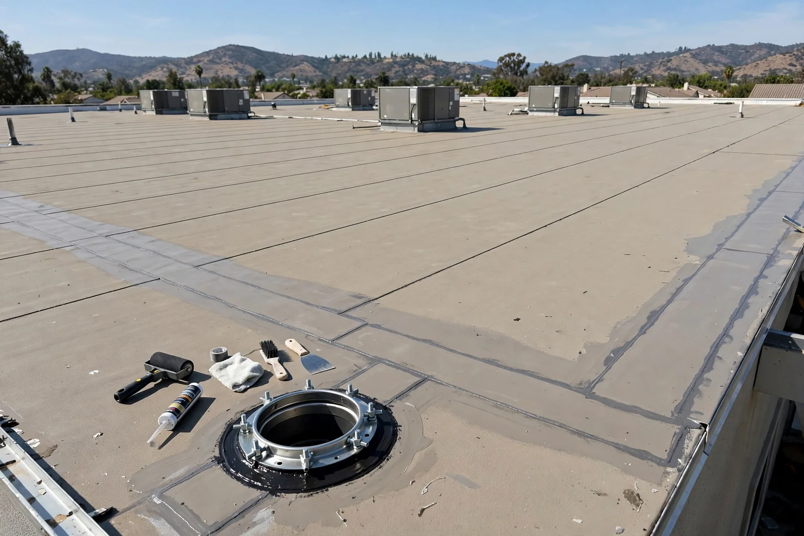 Repaired low-slope commercial roof seams and drain area after heavy rain